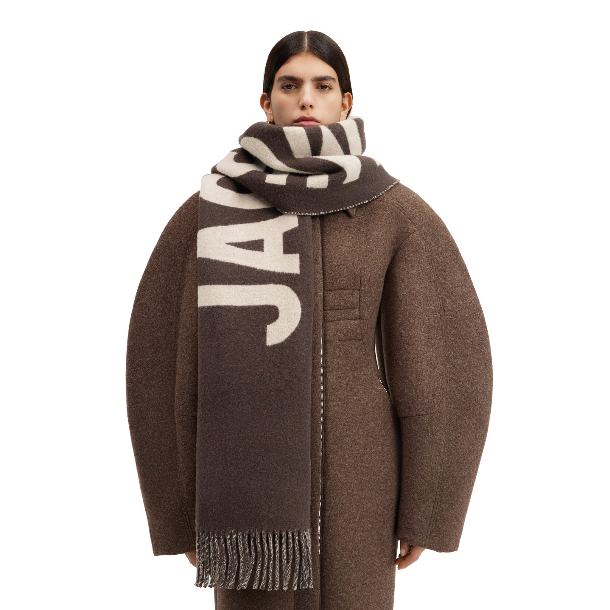 Model view of Jacquemus L'echarpe Fringe Logo Multi-Brown Scarf